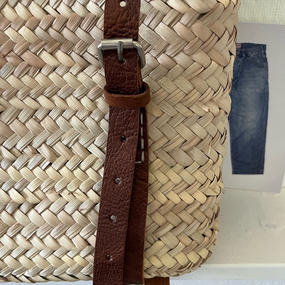 Woven Straw Backpack Tote with Brown Leather Straps - Picture 4 of 11